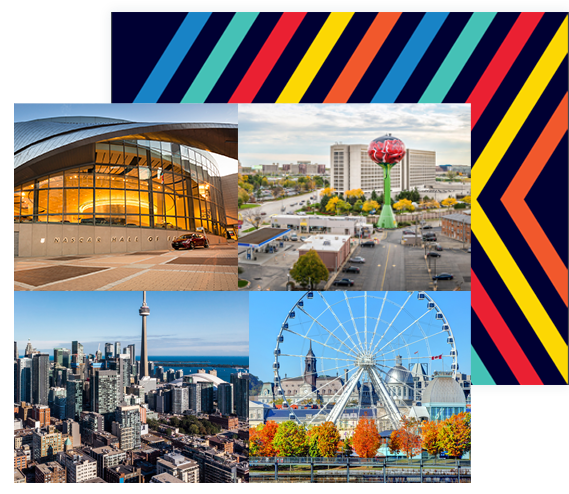 City views of Charlotte, Rosemont, Montreal, & Toronto